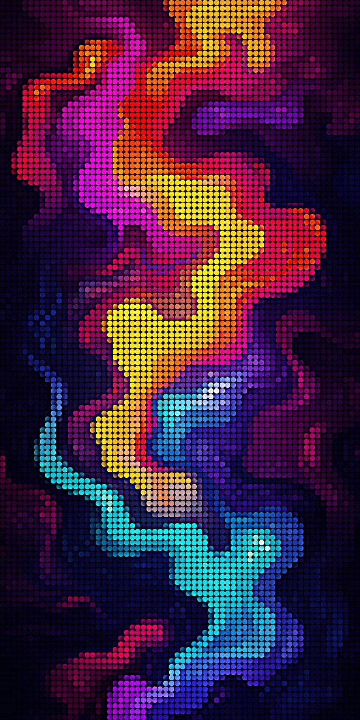Rainbow-hued swirling pixel pattern on a dark background.