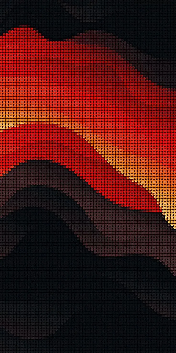 Red and orange flowing pixel waves on a black background.