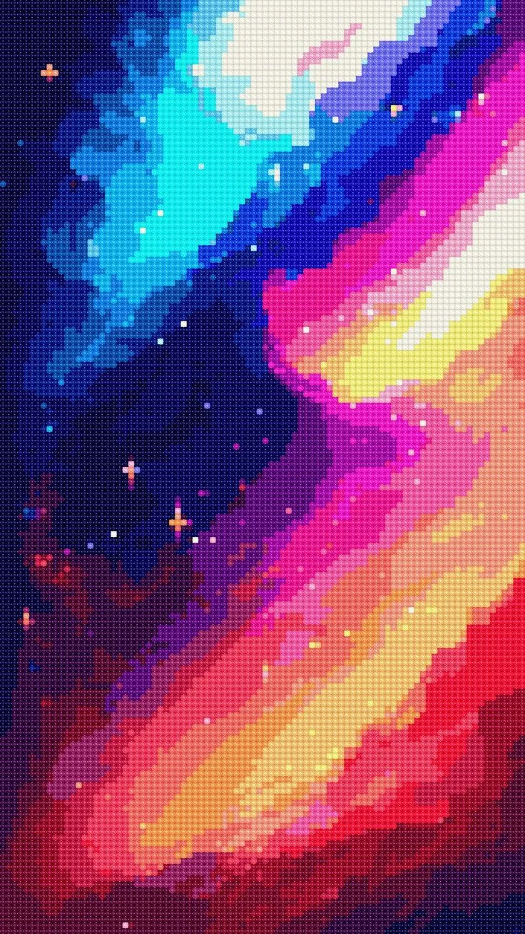 Pixel-art cosmic nebula in blue, pink, and orange tones.