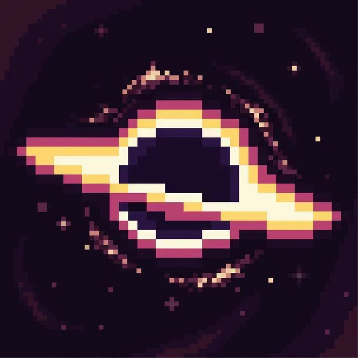 Pixel-art illustration of a glowing ringed galaxy in warm sunset tones.