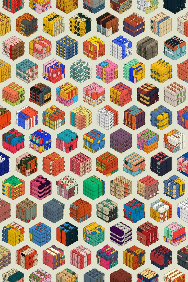 Isometric pattern of many colorful cube clusters on a cream background.